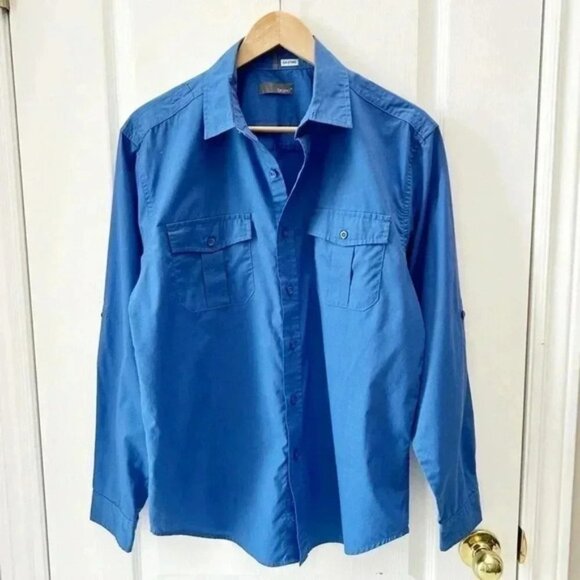 Bruno Mens Button Down Shirt Long Sleeves Roll Up Tabs Casual Blue Size Medium - Picture 2 of 15